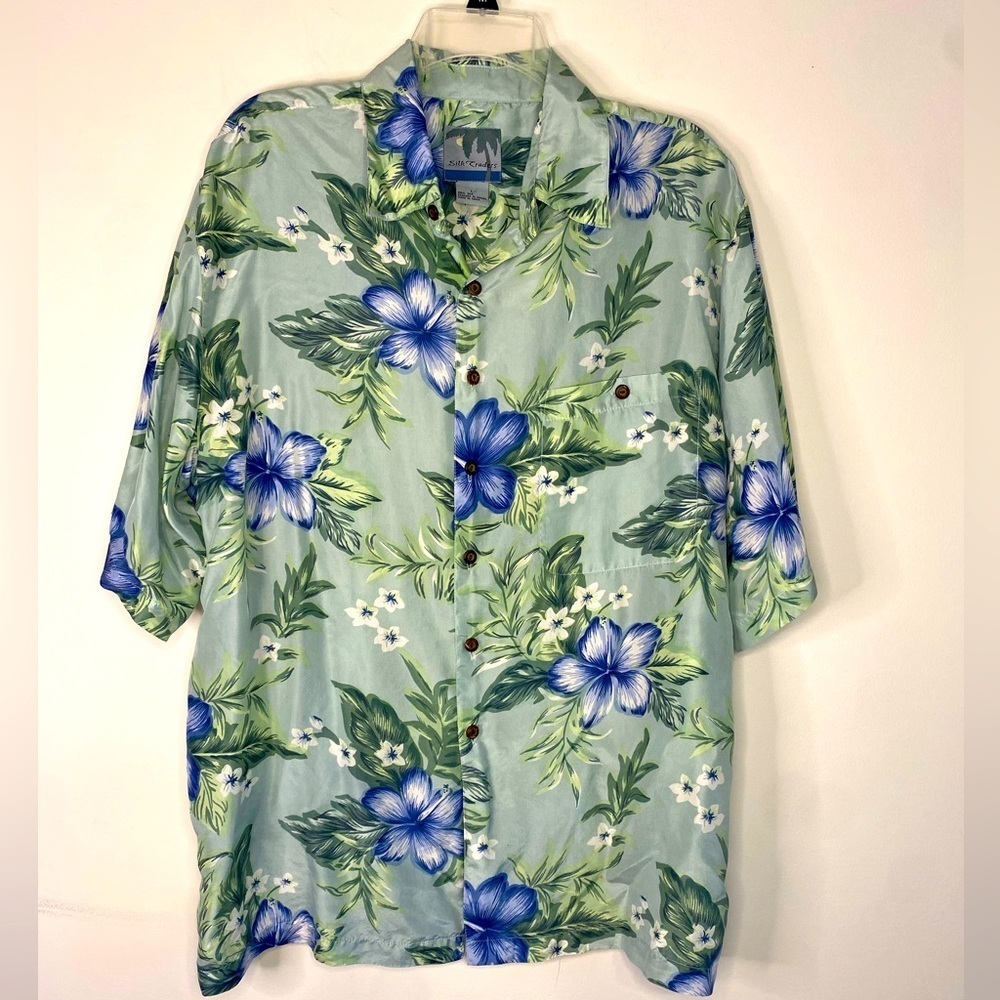 Mens Silk Traders Green Floral Hawaiian Short Sleeve Button Up Silk‎ Shirt Large